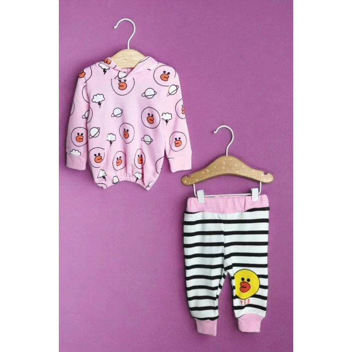 ŞEKER PEMBE KAPİŞONLU UZUN KOLLU LASTİKLİ BEL PAÇA KIZ ÇOCUK & BEBEK ALT ÜST TAKIM