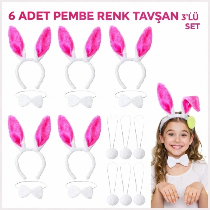 Şeker Pembesi Tavşan Sahne Seti 6lı Set Taç Papyon Kuyruk