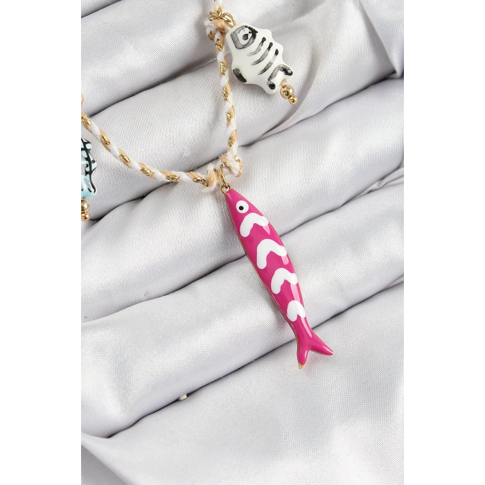 Seramik Motifli Pembe Balık Figürlü Model Krem İp Kadın Kolye - TJ-BKO10398