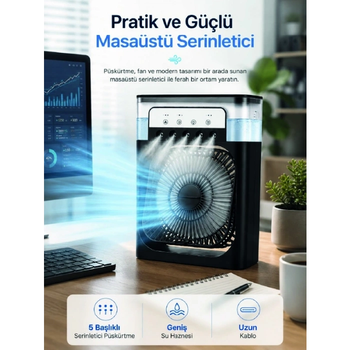 Serinletici Fan Type-c Bağlantı, Zamanlayıcı, 7 Renk Ambiyans Işığı