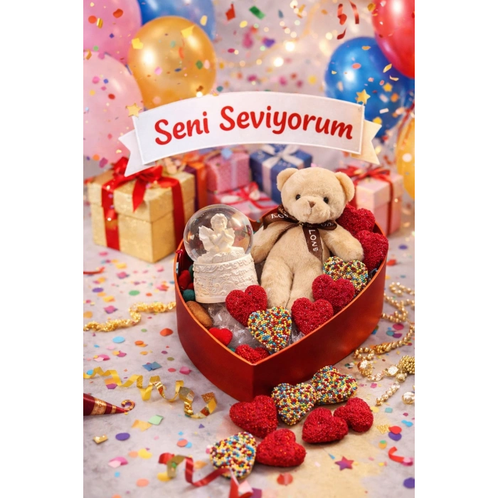 Sevgililer Günü Kalp Kutuda Jelibon Şeker & Ayıcık & Kar Küresi Hediye Seti – Kalpten Gelen Sürpriz