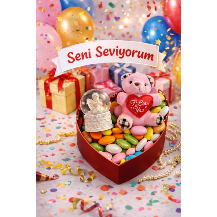 Sevgililer Günü Kalp Kutulu Romantik Hediye Seti – Ayıcıklı & Kar Küresi & Draje Çikolata