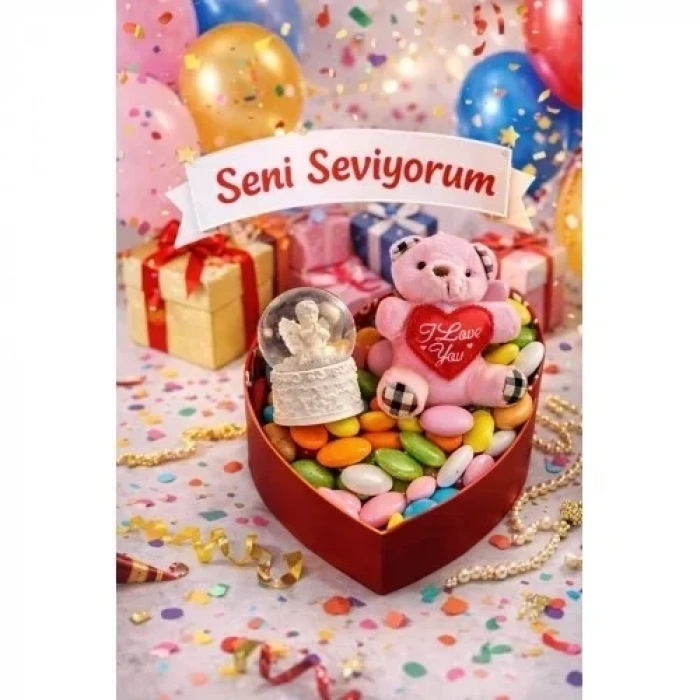 Sevgililer Günü Kalp Kutulu Romantik Hediye Seti – Ayıcıklı & Kar Küresi & Draje Çikolata
