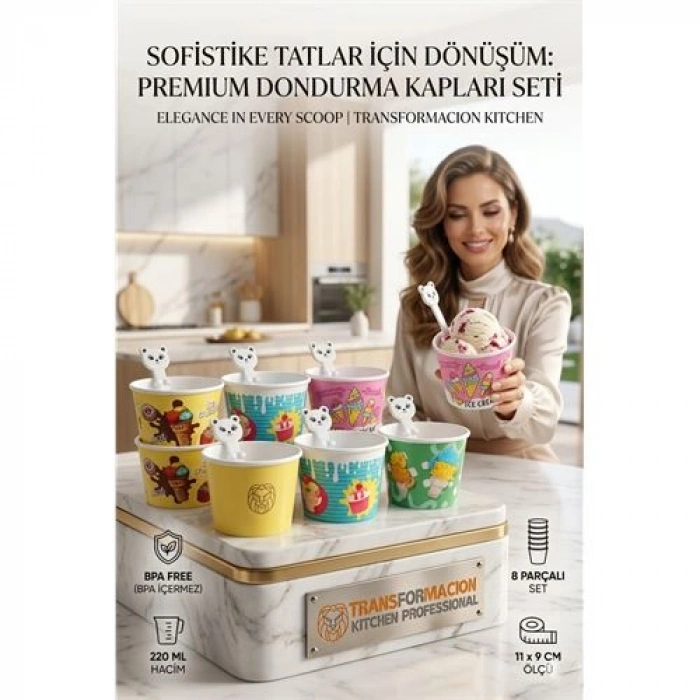 Sevimli Ayıcık Kaşıklı 8li Dondurma Kasesi Seti - Parti, Atıştırmalık ve Mama Kabı 723094
