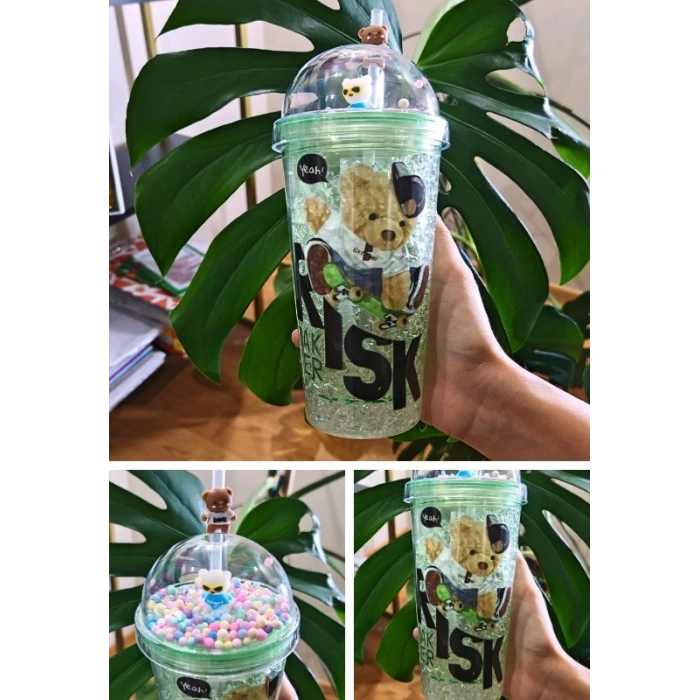 Sevimli Ayıcık Temalı Çift Katman 450 ml Suluk Pipetli Mika Yeşil 2726