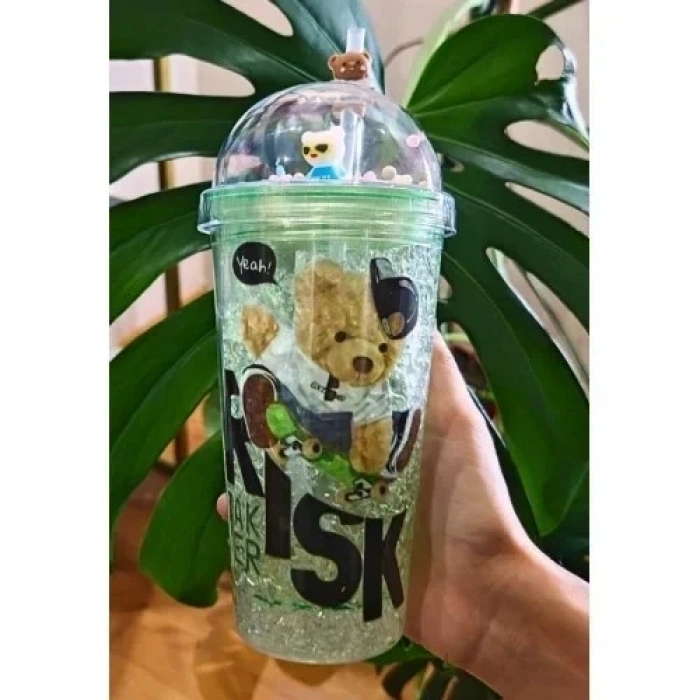 Sevimli Ayıcık Temalı Çift Katman 450 ml Suluk Pipetli Mika Yeşil 2726