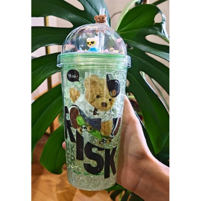 Sevimli Ayıcık Temalı Çift Katman 450 ml Suluk Pipetli Mika Yeşil 2726