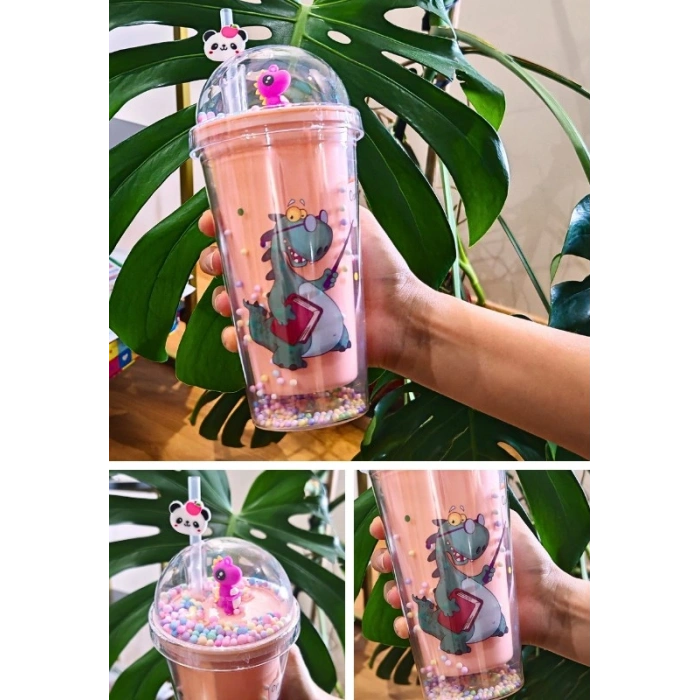 Sevimli Dino Temalı Çift Katman 450 ml Suluk Pipetli Mika Matara Pembe 2769