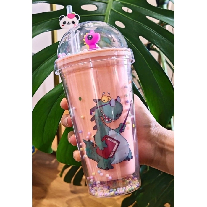 Sevimli Dino Temalı Çift Katman 450 ml Suluk Pipetli Mika Matara Pembe 2769
