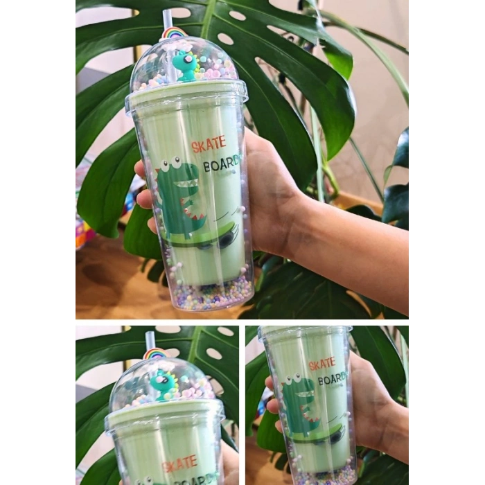 Sevimli Dino Temalı Çift Katman 450 ml Suluk Pipetli Mika Matara Yeşil 2769