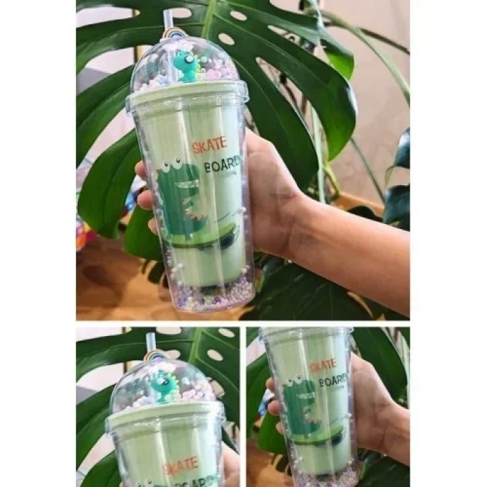Sevimli Dino Temalı Çift Katman 450 ml Suluk Pipetli Mika Matara Yeşil 2769