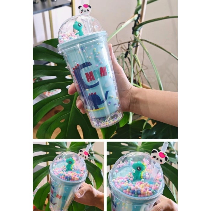 Sevimli Dino Temalı Çift Katman 450 ml Suluk Pipetli Mika Mavi 2769