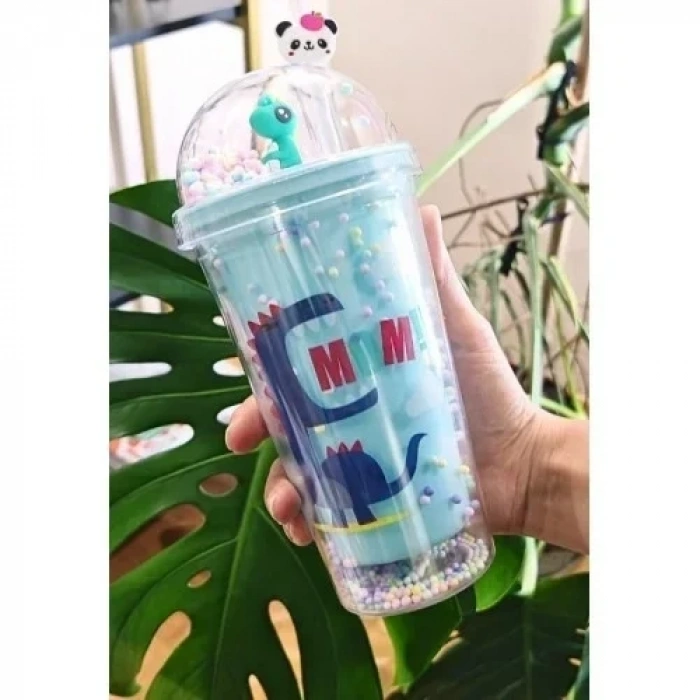 Sevimli Dino Temalı Çift Katman 450 ml Suluk Pipetli Mika Mavi 2769