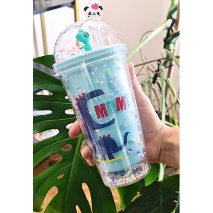 Sevimli Dino Temalı Çift Katman 450 ml Suluk Pipetli Mika Mavi 2769