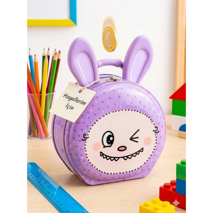 Sevimli Labubu Figürlü Kilitli Metal Kumbara - Çocuklar İçin  Para Biriktirme Kutusu Pembe - Mor