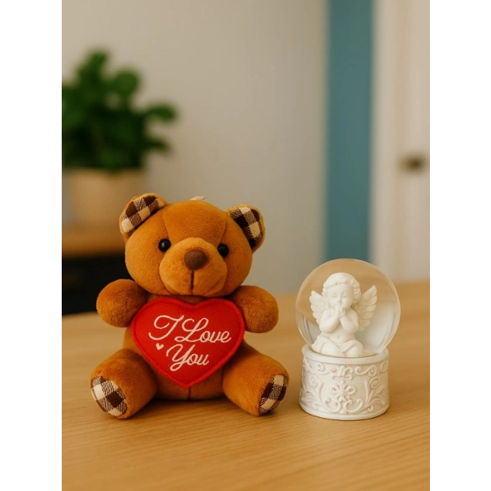 Sevimli Mini Peluş Ayıcık ve Mini Melek Kar Küresi Set Kahverengi