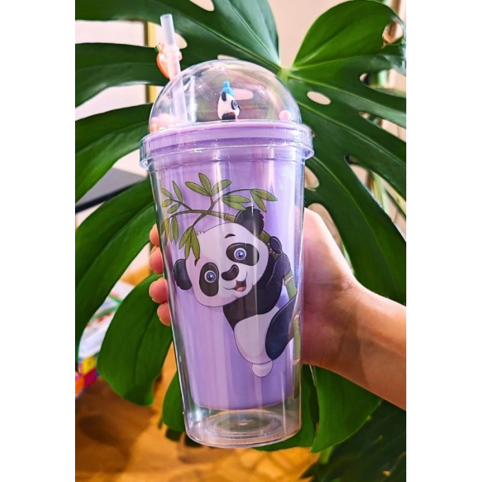 Sevimli Panda Temalı Çift Katman 450 ml Suluk Pipetli Mika Matara Mor 2770