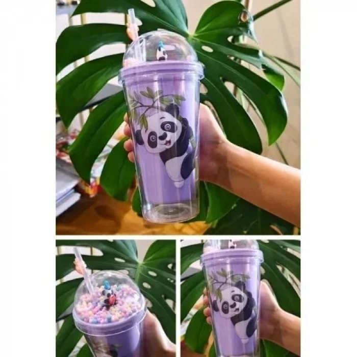 Sevimli Panda Temalı Çift Katman 450 ml Suluk Pipetli Mika Matara Mor 2770