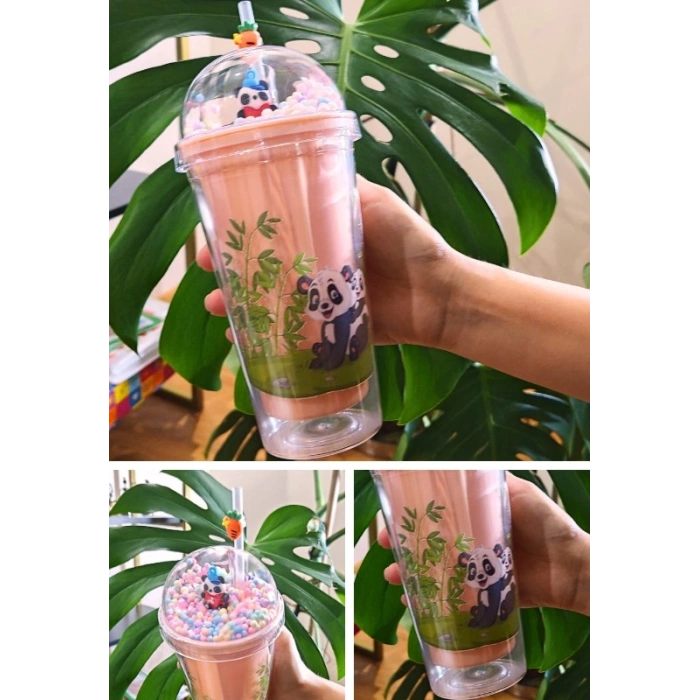 Sevimli Panda Temalı Çift Katman 450 ml Suluk Pipetli Mika Matara Pembe 2770