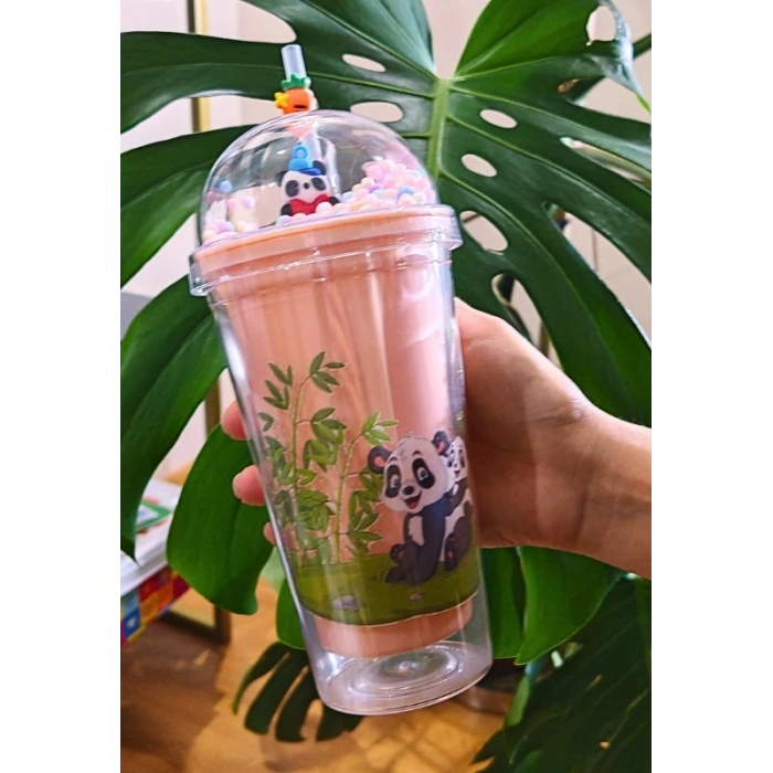 Sevimli Panda Temalı Çift Katman 450 ml Suluk Pipetli Mika Matara Pembe 2770