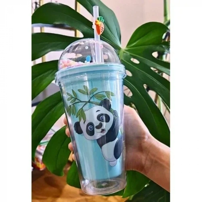 Sevimli Panda Temalı Çift Katman 450ml Suluk Pipetli Mika Matara Mavi 2770