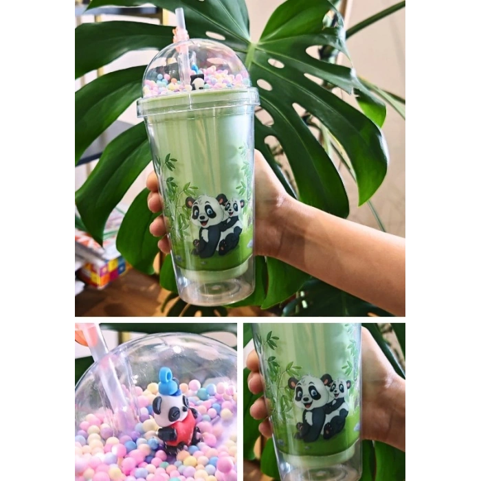 Sevimli Panda Temalı Çift Katman 450ml Suluk Pipetli Mika Matara Yeşil 2770