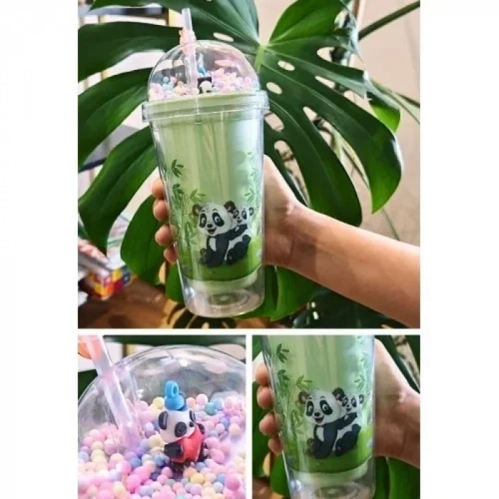Sevimli Panda Temalı Çift Katman 450ml Suluk Pipetli Mika Matara Yeşil 2770