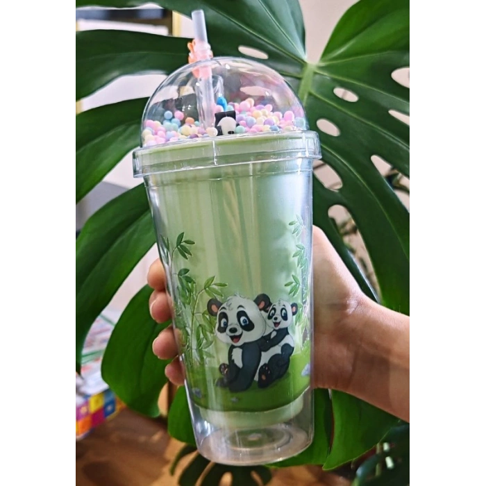 Sevimli Panda Temalı Çift Katman 450ml Suluk Pipetli Mika Matara Yeşil 2770
