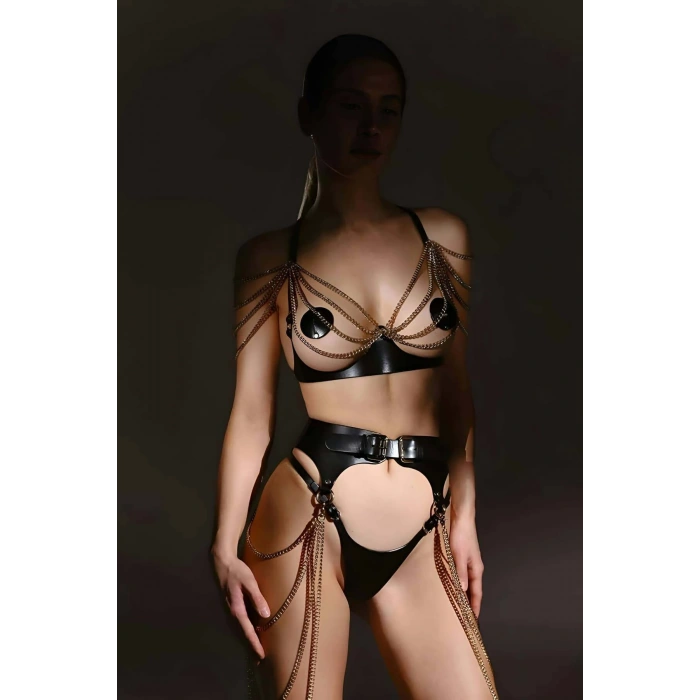 Şık Deri Zincirli Göğüs Ve Bel Harness Takım - Brf1242