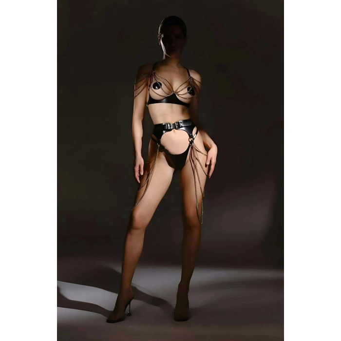 Şık Deri Zincirli Göğüs Ve Bel Harness Takım - Brf1242