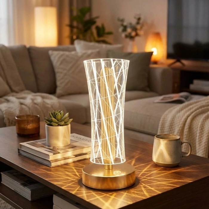 Silindirik Kristal Çizgi Model LED Masa Lambası – Gold Tabanlı, Dokunmatik, 3 Renk Işık Modlu, Şarjlı Modern Dekoratif Gece Lambası (4887)