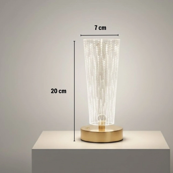 Silindirik Kristal Nokta Model LED Masa Lambası – Gold Tabanlı, Dokunmatik, 3 Renk Işık Modlu, Şarjlı Modern Dekoratif Gece Lambası (4887)