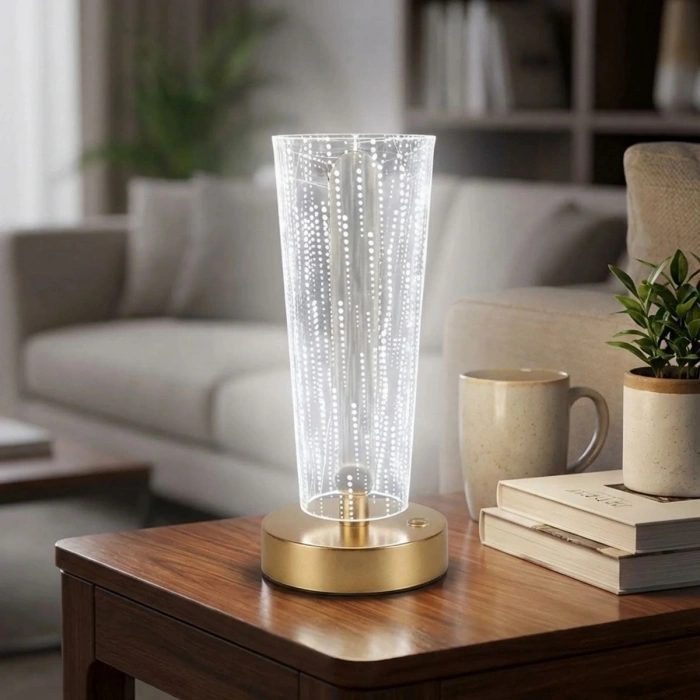 Silindirik Kristal Nokta Model LED Masa Lambası – Gold Tabanlı, Dokunmatik, 3 Renk Işık Modlu, Şarjlı Modern Dekoratif Gece Lambası (4887)
