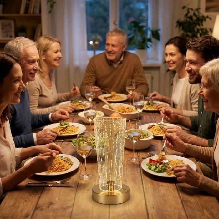 Silindirik Kristal Nokta Model LED Masa Lambası – Gold Tabanlı, Dokunmatik, 3 Renk Işık Modlu, Şarjlı Modern Dekoratif Gece Lambası (4887)