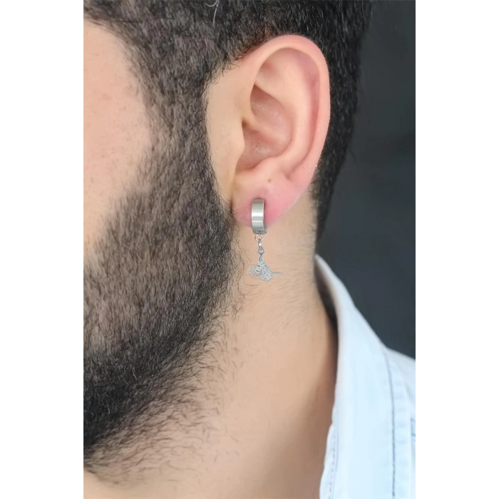 Silver Renk Kaplama Osmanlı Tuğra Figürlü Kıstırmalı Çelik Erkek Küpe - TJ-EKP117