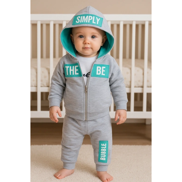 Simply Desenli Kapişonlu 3lü Erkek Bebek Takımı