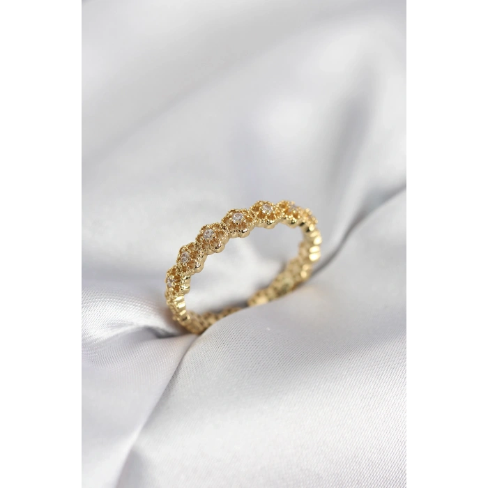 Sıralı Çiçek Model Gold Renk Zirkon Taşlı Kadın Yüzük - TJ-BYK4157