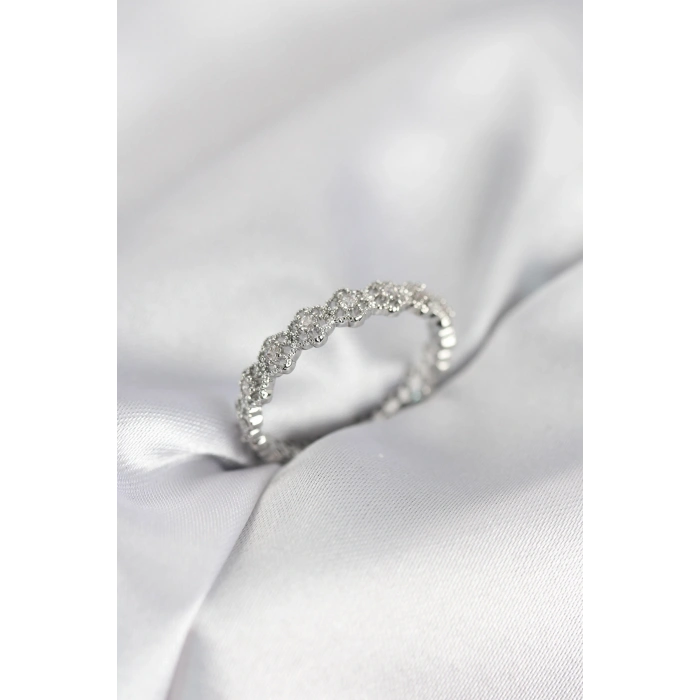 Sıralı Çiçek Model Gümüş Renk Zirkon Taşlı Kadın Yüzük - TJ-BYK4156