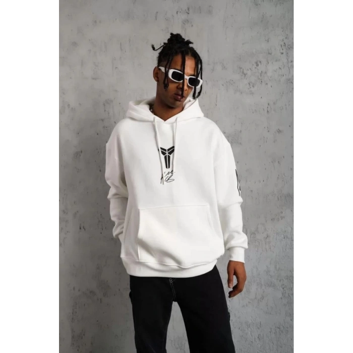 Sırt Baskılı Kapüşonlu Üç İplik Oversize Sweatshirt - Beyaz
