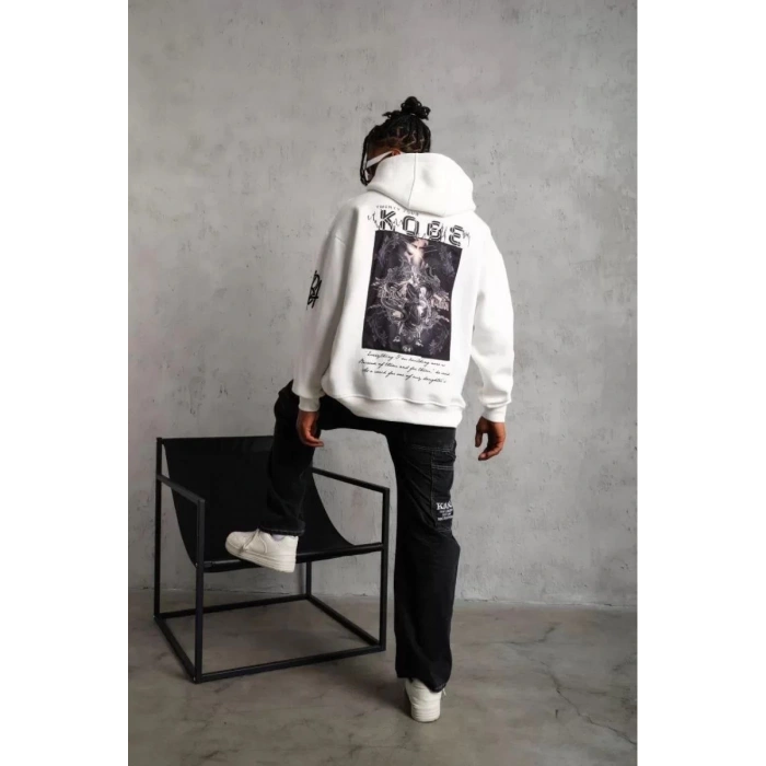 Sırt Baskılı Kapüşonlu Üç İplik Oversize Sweatshirt - Beyaz