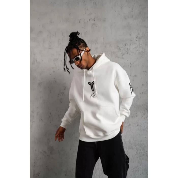 Sırt Baskılı Kapüşonlu Üç İplik Oversize Sweatshirt - Beyaz