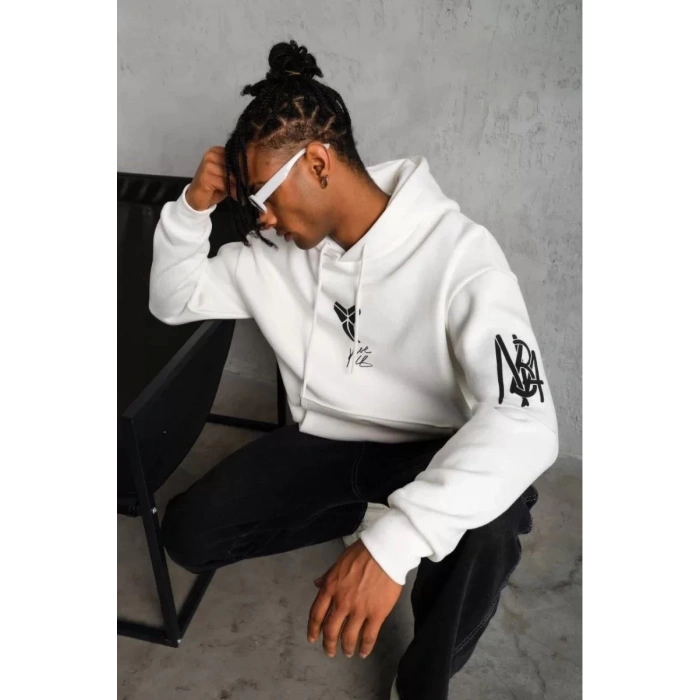 Sırt Baskılı Kapüşonlu Üç İplik Oversize Sweatshirt - Beyaz