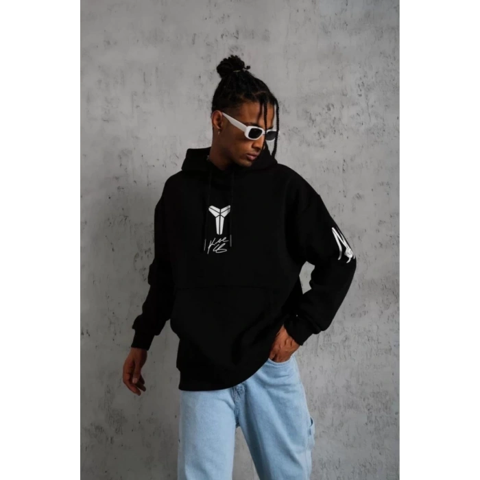 Sırt Baskılı Kapüşonlu Üç İplik Oversize Sweatshirt - Siyah