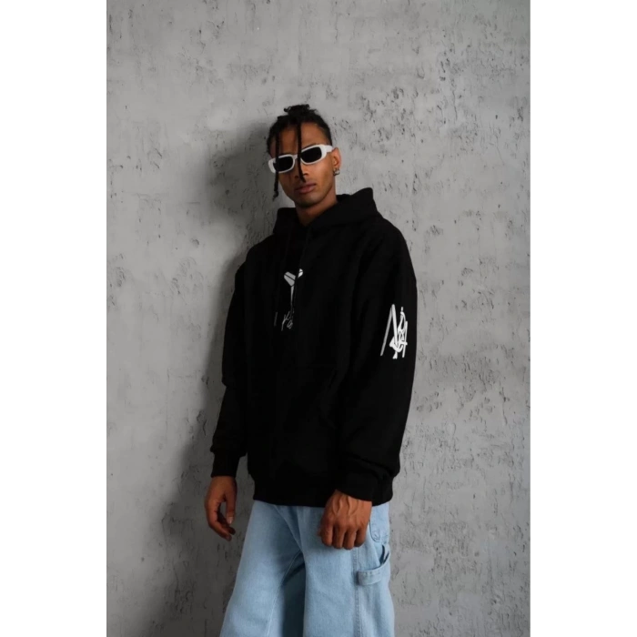 Sırt Baskılı Kapüşonlu Üç İplik Oversize Sweatshirt - Siyah
