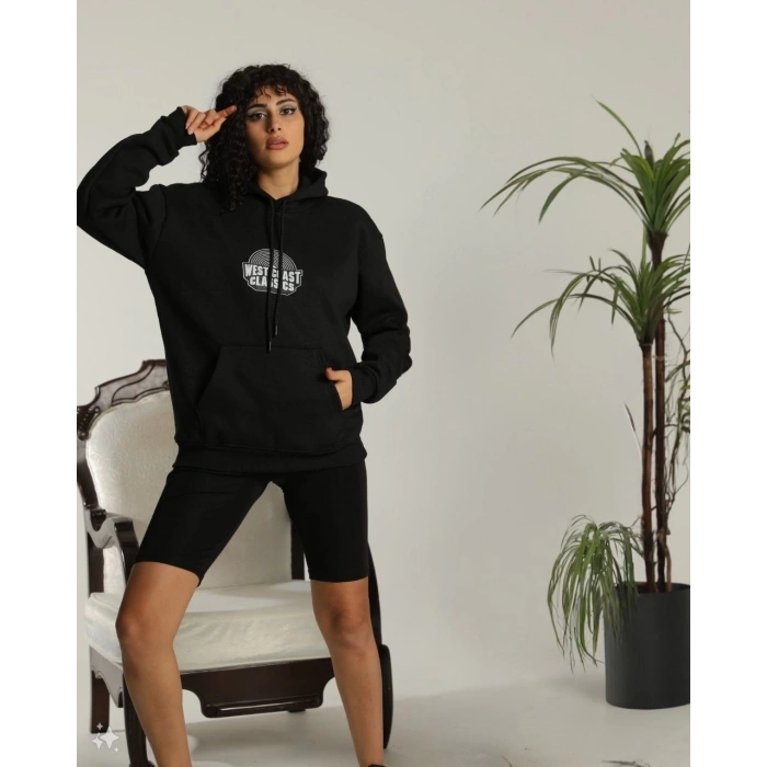 Sırt Baskılı Kapüşonlu Üç İplik Oversize Sweatshirt - Siyah -