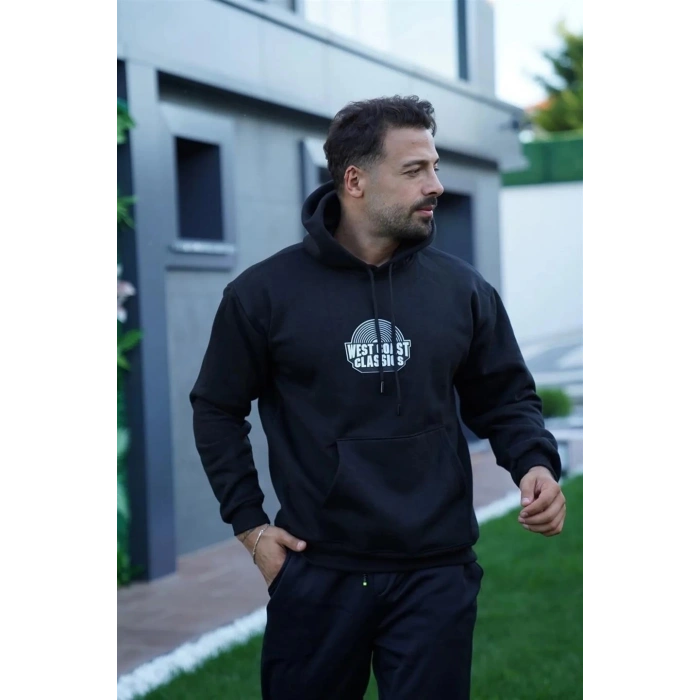 Sırt Baskılı Kapüşonlu Üç İplik Oversize Sweatshirt - Siyah -