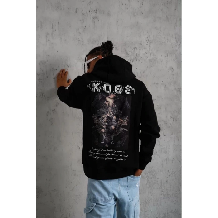 Sırt Baskılı Kapüşonlu Üç İplik Oversize Sweatshirt - Siyah
