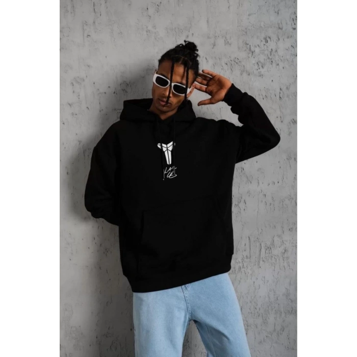 Sırt Baskılı Kapüşonlu Üç İplik Oversize Sweatshirt - Siyah