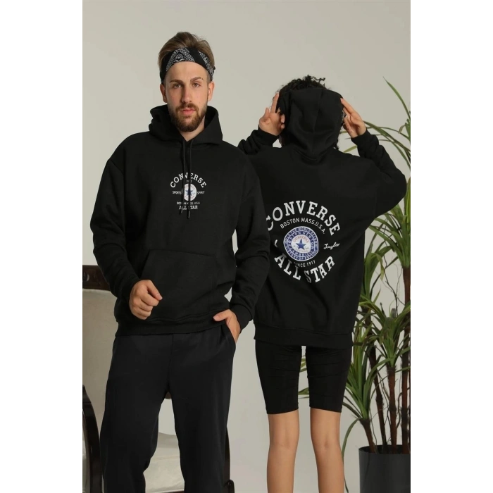 Sırt Baskılı Oversize Üç İplik Kapüşonlu Hoodie Sweatshirt - Siyah
