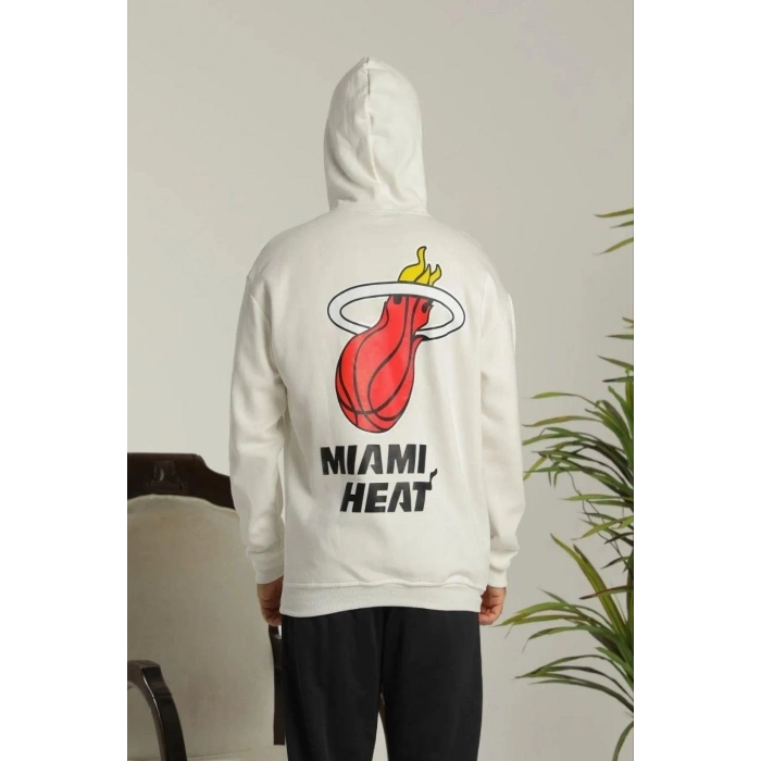 Sırt Baskılı Oversize Üç İplik Kapüşonlu Sweatshirt - Beyaz